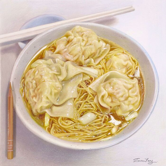 Bowl of realistic dumpling noodle soup illustration showcasing deliciously deceptive food art by Steven Tang.