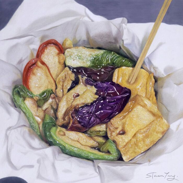 Realistic food illustration by Steven Tang depicting colorful vegetables and tofu in a paper-lined bowl with chopsticks.