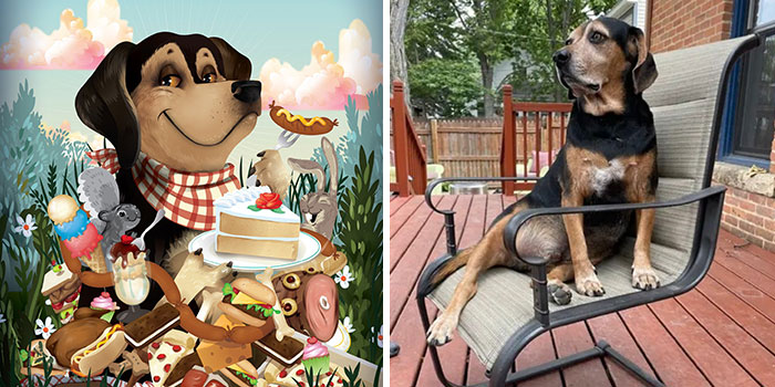 Dog portrait showing pets immortalized with whimsical food items, capturing how their humans see them by artist Chris Beetow.
