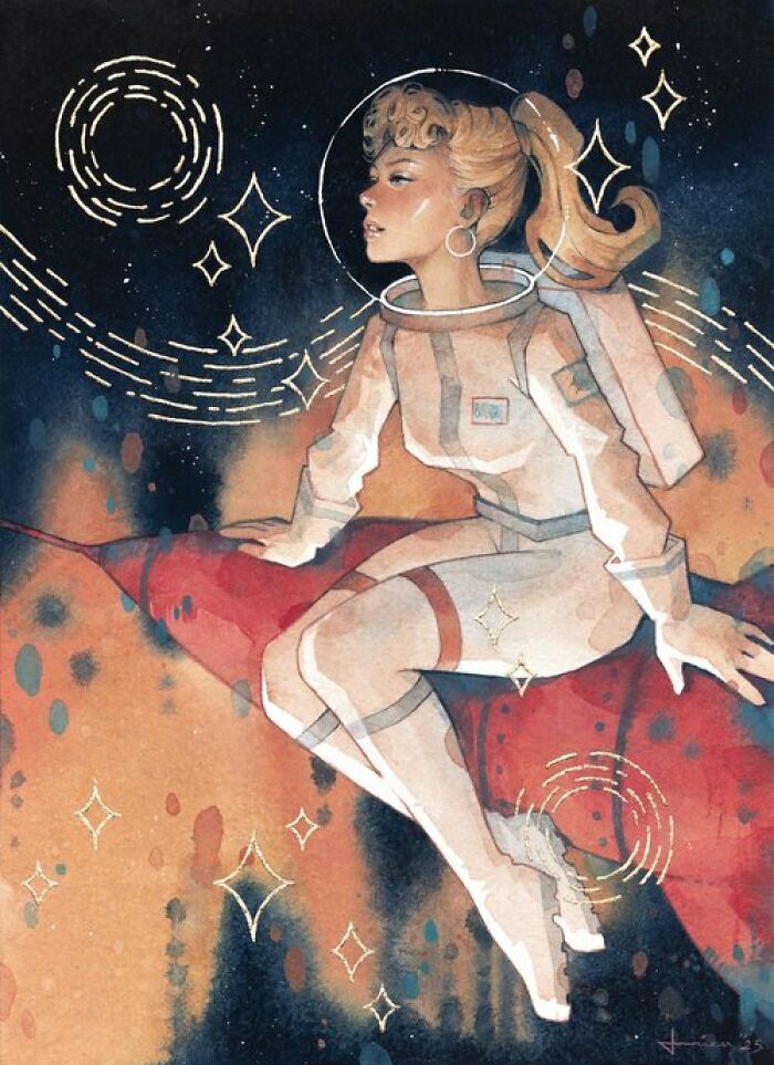 Watercolor painting by Kelogsloops of a woman astronaut sitting on a red surface with calming space elements.
