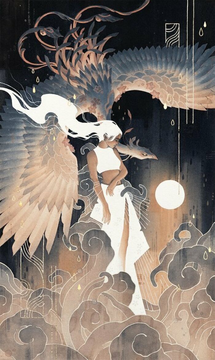 Watercolor illustration of a woman in white with a large mystical bird, surrounded by calming abstract shapes and soft colors.