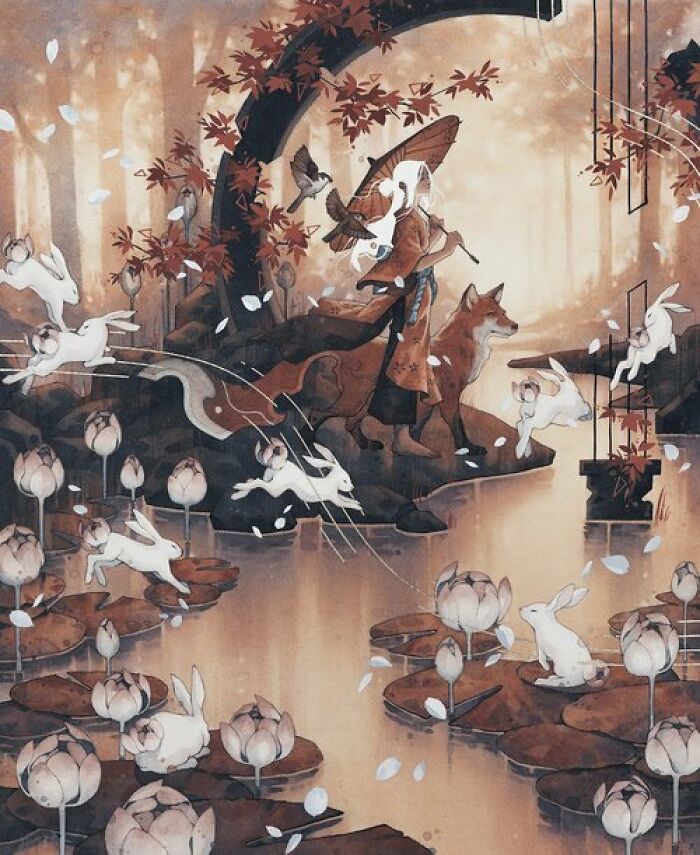 Watercolors by Kelogsloops showing a serene scene with rabbits, a fox, and a figure under autumn trees by a peaceful pond.