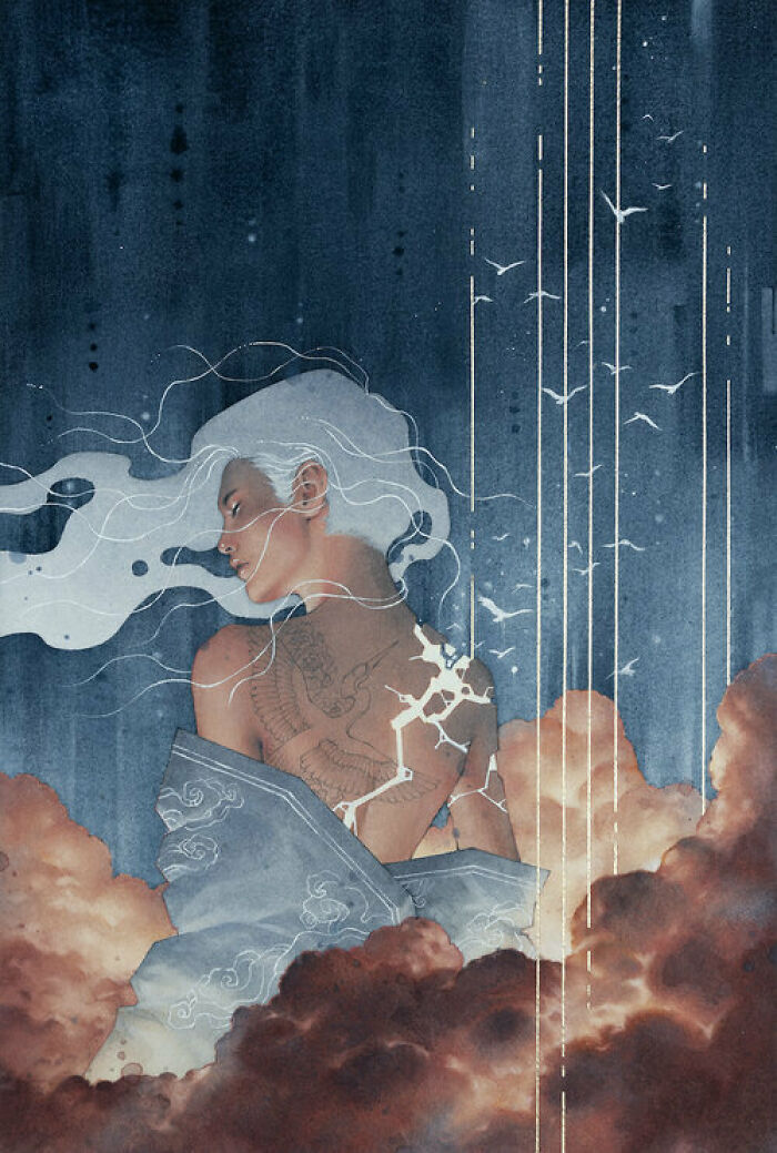 Watercolor painting by Kelogsloops of a serene figure with flowing white hair surrounded by clouds and birds in calming tones.