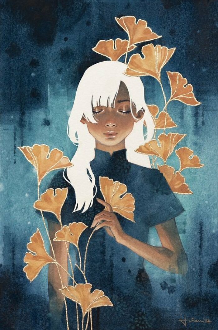 Watercolor painting of a calm woman with white hair surrounded by orange leaves, showcasing calming art by Kelogsloops.