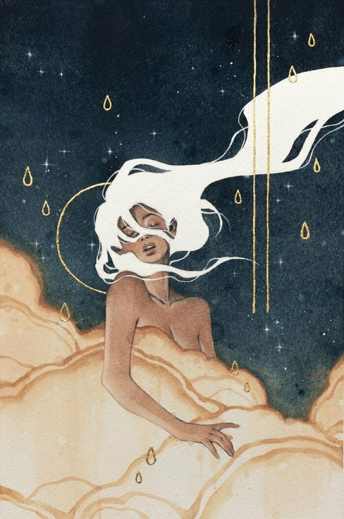 Watercolor painting by Kelogsloops of a woman with flowing white hair surrounded by golden clouds and stars in a calming night sky.
