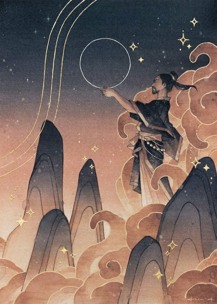 Watercolor art by Kelogsloops depicting a serene figure reaching toward glowing stars and mountains at dusk.