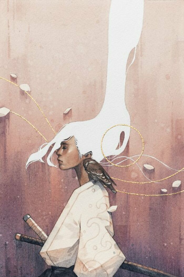 Watercolor portrait of a thoughtful woman with white hair flowing upward and a bird on her shoulder in calming art style.