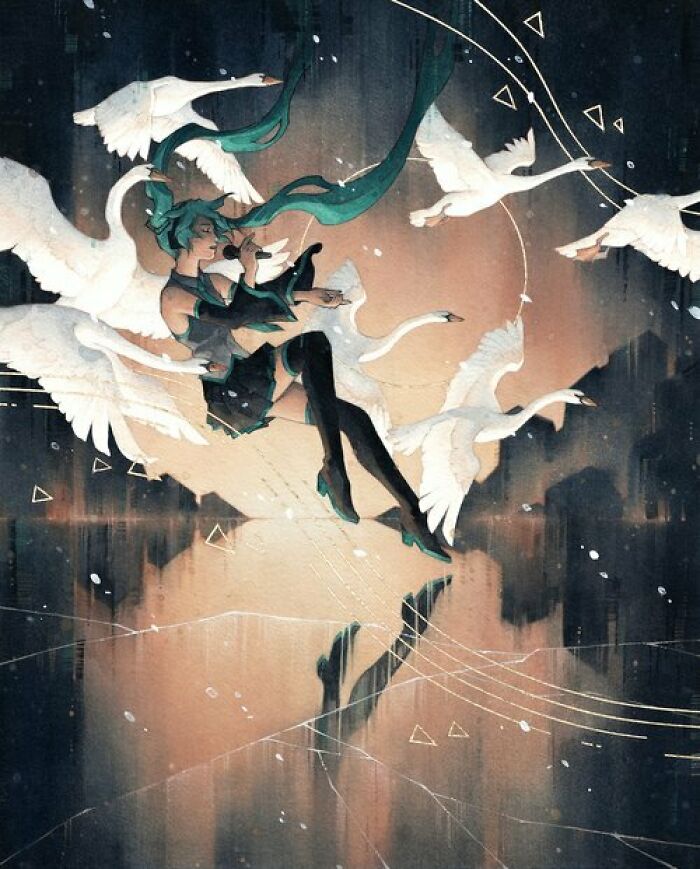 Watercolor artwork of a woman playing flute surrounded by flying swans, showcasing calming art by Kelogsloops.