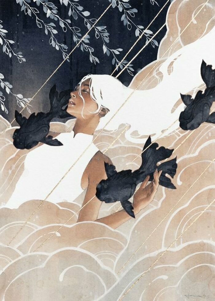 Watercolor painting by Kelogsloops of a serene woman with flowing hair surrounded by black fish and soft swirling clouds.