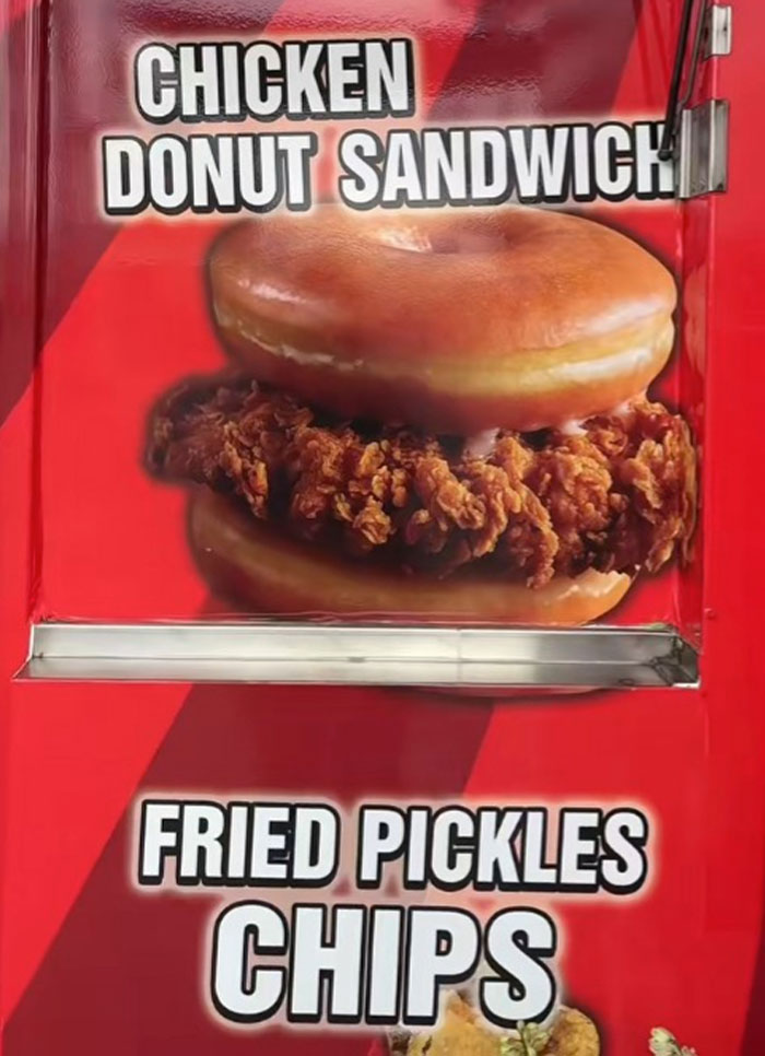 Chicken donut sandwich and fried pickles chips featured as county fair foods that might shock a European visitor.