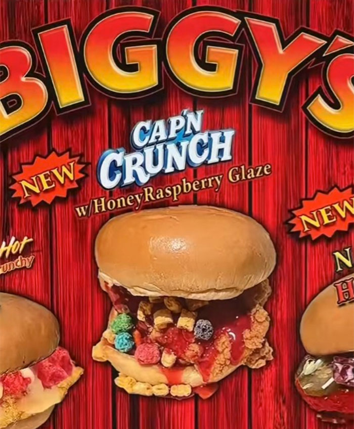 Biggy's Cap'n Crunch chicken sandwich with honey raspberry glaze displayed on a red wooden background at a county fair.