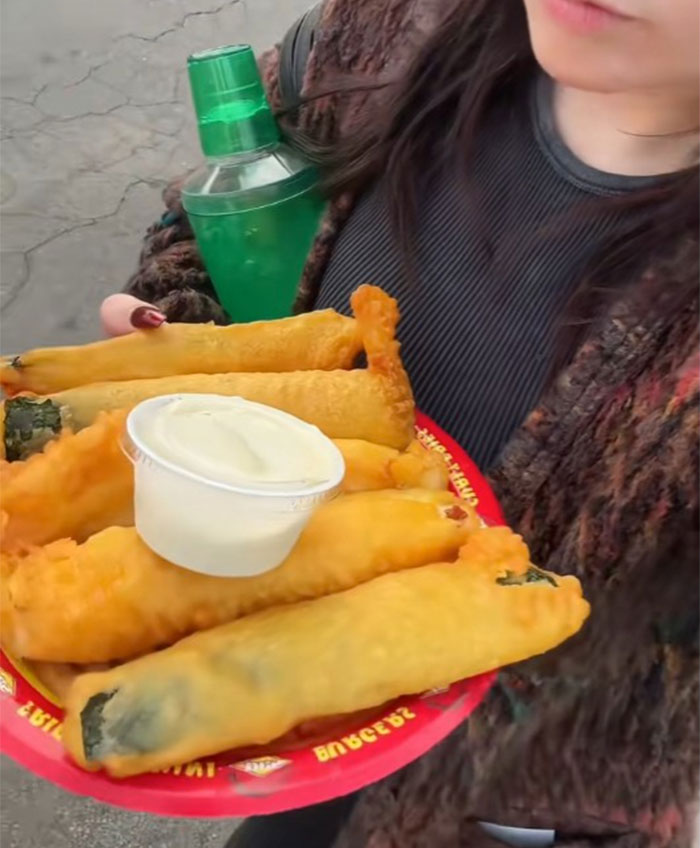 Person holding a plate of deep-fried county fair foods with dipping sauce, showcasing unique fair food items.