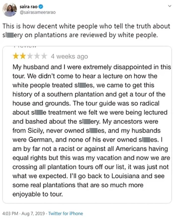 Screenshot of a tweet discussing disappointing plantation tour experience by entitled and rude tourists.