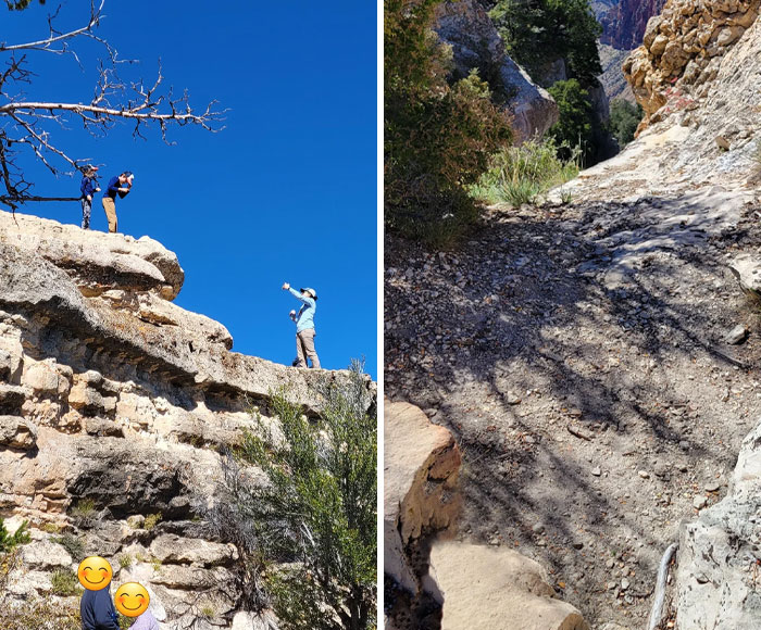 Entitled tourists climbing dangerous rocks under clear blue sky ignoring safety in popular hiking spot outdoors