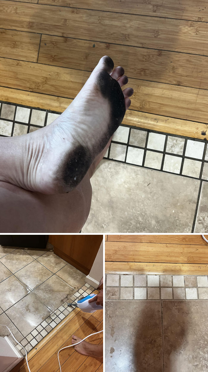 Foot covered in dirt from walking on landlord special dirty tile floor showing infuriating landlord maintenance issues.