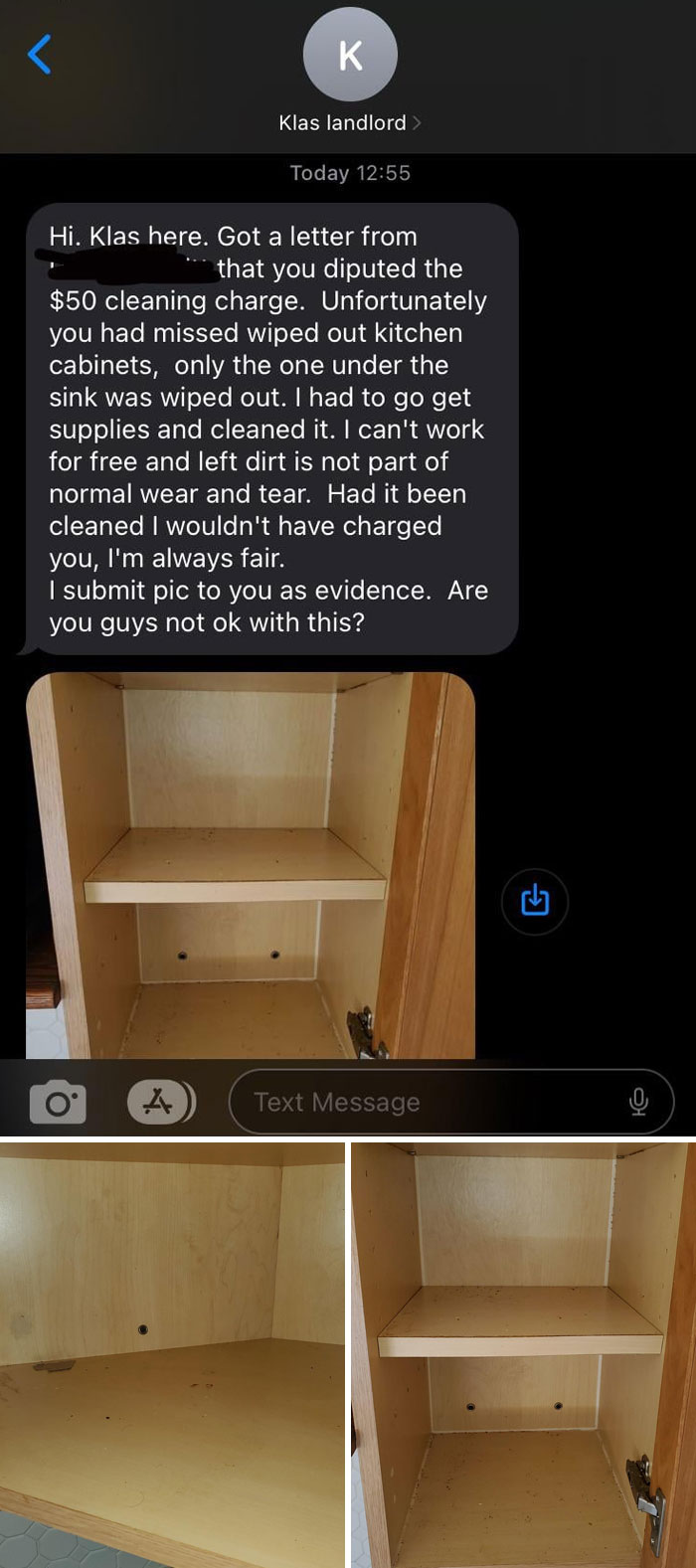 Text message from landlord disputing cleaning charge with photos of mostly clean but slightly dirty kitchen cabinets, landlord specials.