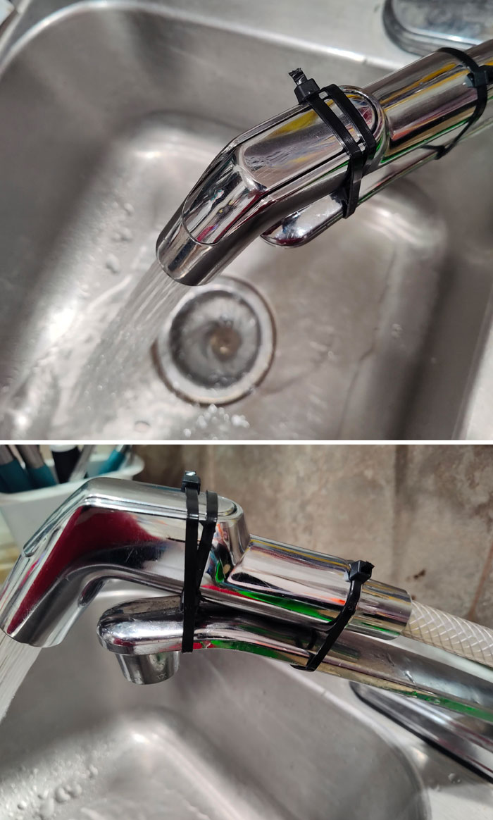 Makeshift faucet repair with plastic ties showing infuriating landlord specials causing renters’ frustration with plumbing issues.