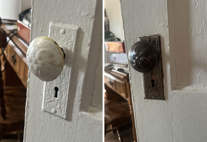 Two old door knobs on white doors, one badly painted over and the other intact, showing frustrating landlord specials.