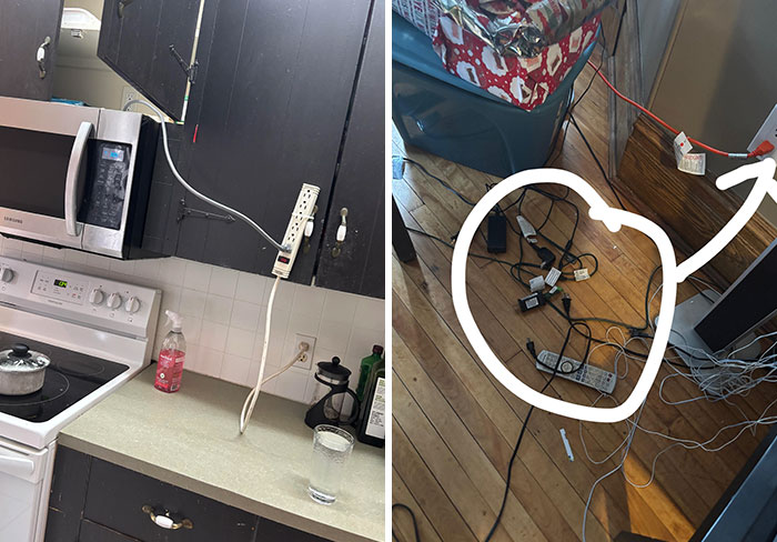 Kitchen with unsafe electrical setup and tangled cords highlighted, showing infuriating landlord negligence in rental property.