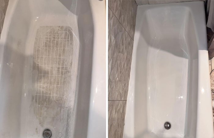 Before and after images of a bathtub showing the landlord special cleaning job that left renters frustrated.