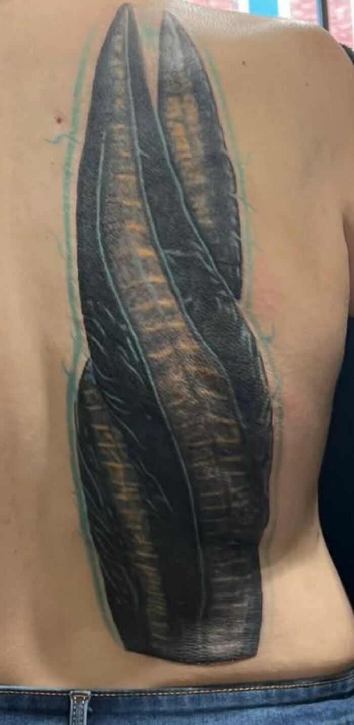 Large black and brown tattoo on a person's back, showing a design that may be a permanent mistake in inked tattoos.