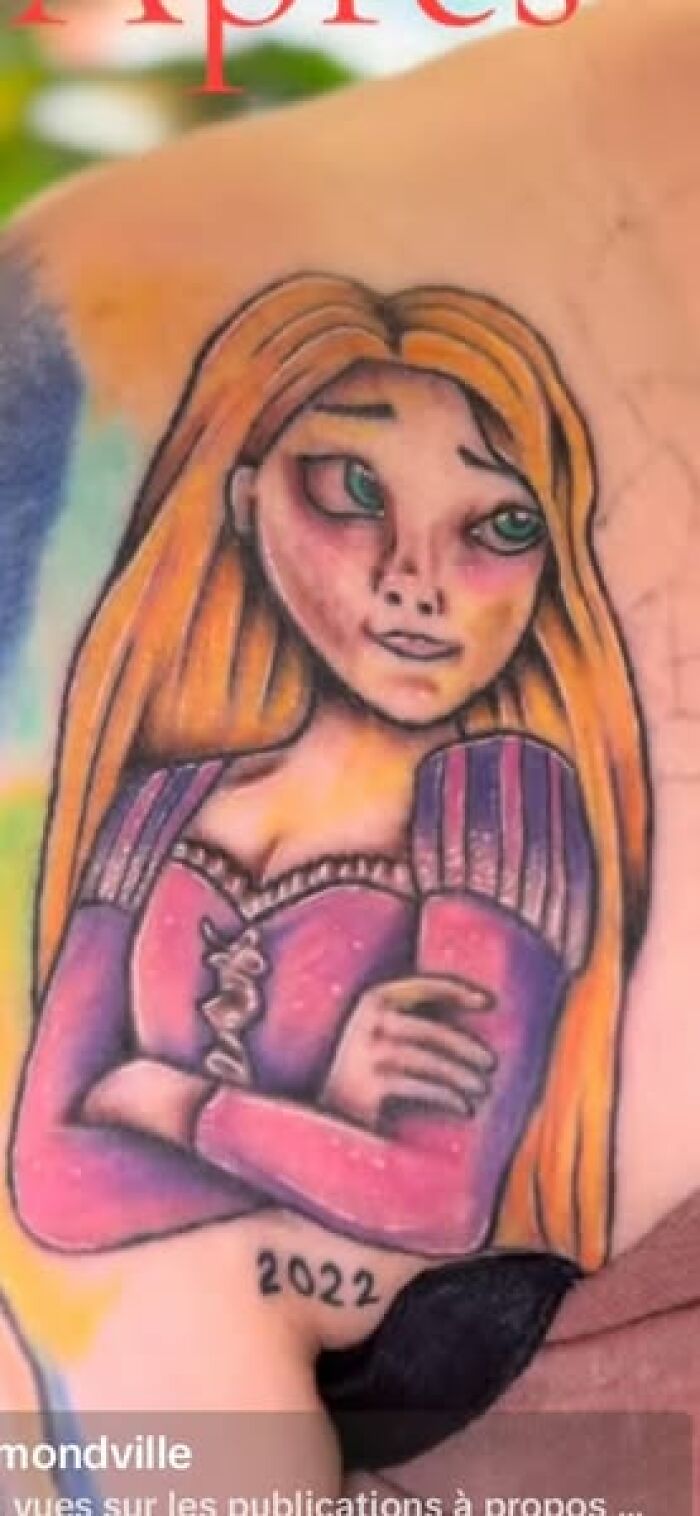 Tattoo of a cartoon woman with blonde hair and purple dress showing a permanent mistake inked on skin in 2022.