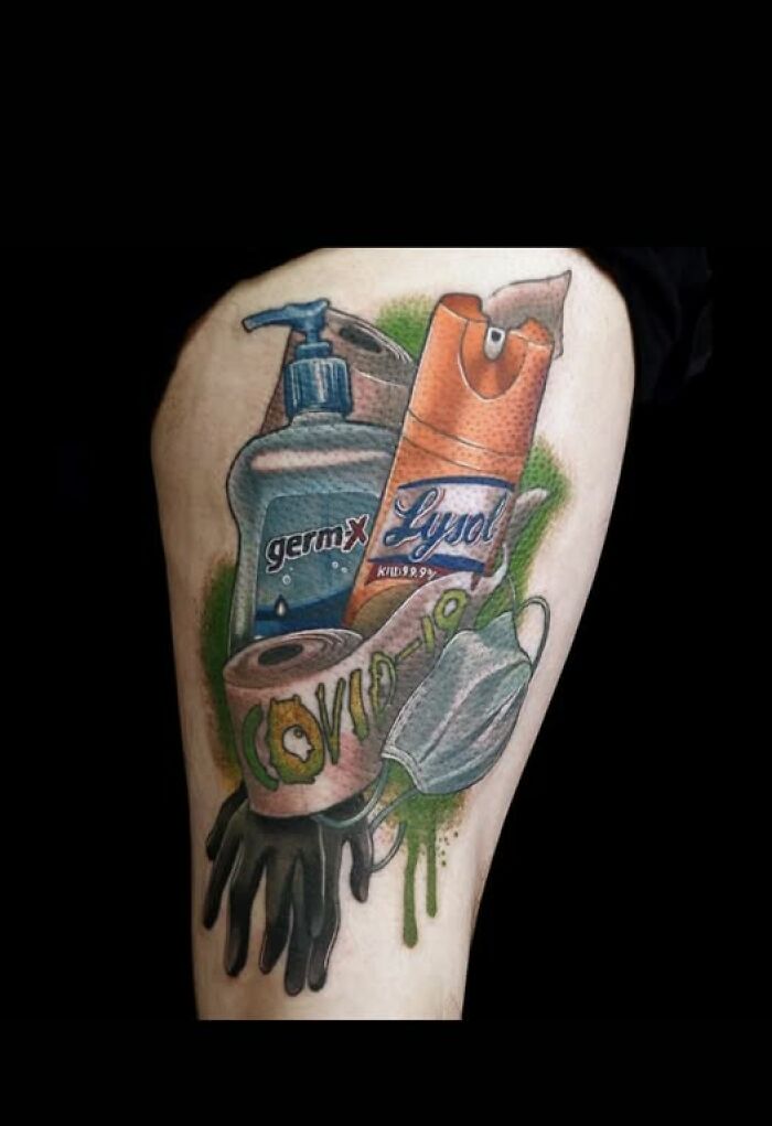 Tattoo featuring hand sanitizer, Lysol spray, toilet paper, gloves, and face mask illustrating a permanent inked mistake.