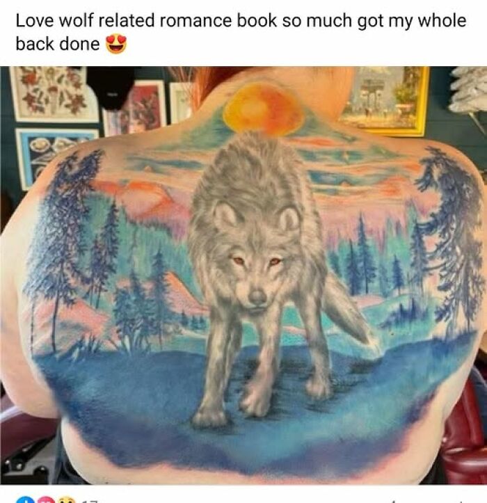 Detailed wolf and forest tattoo covering entire back, an example of people getting inked to look cool but risking permanent mistakes.