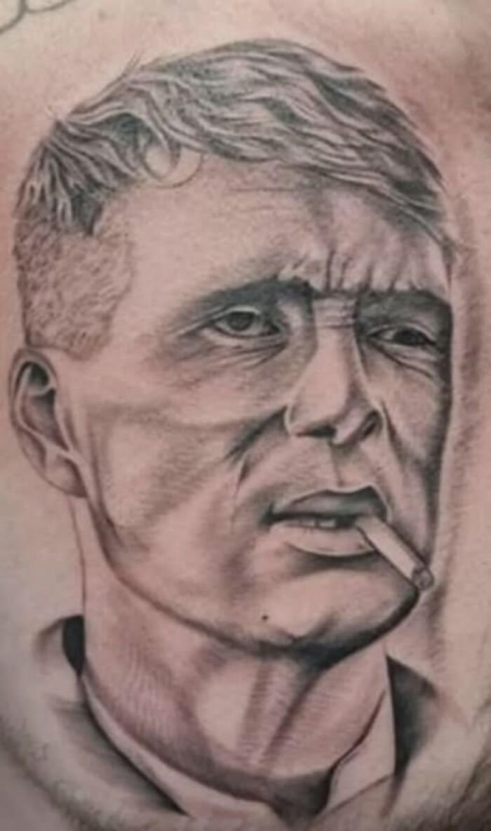 Realistic tattoo portrait of a person smoking, an example of people getting inked to look cool but with a permanent mistake.