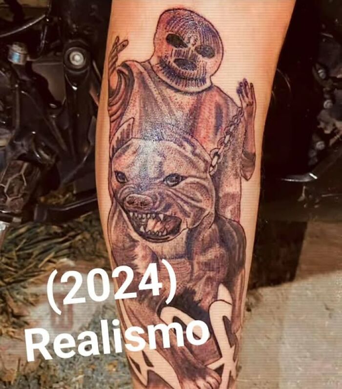 Tattoo of a masked figure holding a snarling dog on a chain, an example of people getting inked but ending with a permanent mistake.