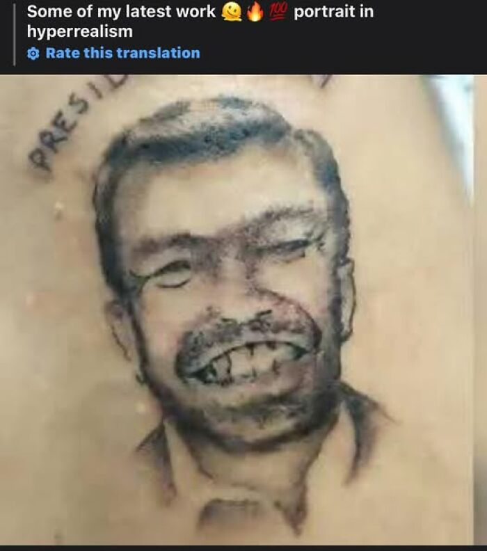 Tattoo portrait attempt gone wrong, showing a distorted face with uneven features and misshapen teeth as a permanent mistake.