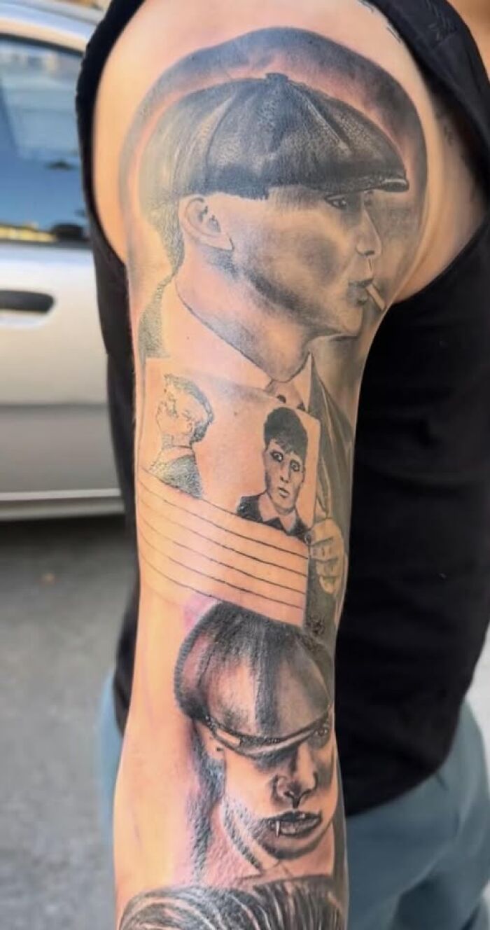 Arm tattoo featuring portraits with shading and line work, an example of people getting inked to look cool but with permanent mistakes.