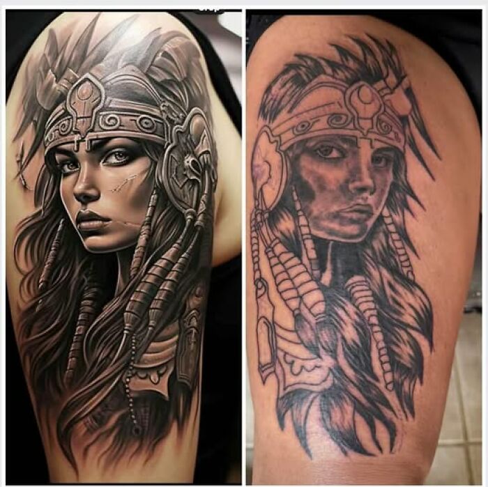 Side-by-side comparison of a detailed tattoo and its poorly executed permanent mistake with tribal warrior design.