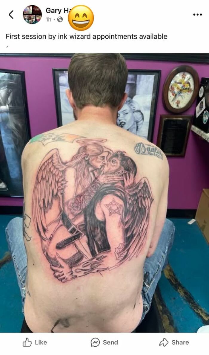 Man with a large back tattoo of an angel and demon facing each other, an example of people getting inked with permanent mistakes.