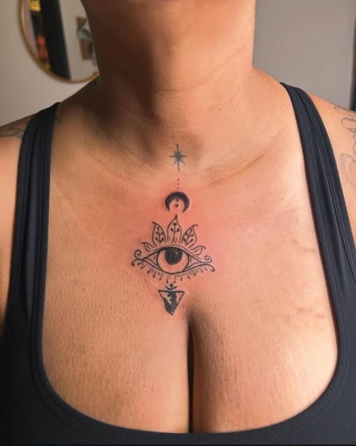 Close-up of a chest tattoo featuring an eye with decorative elements, illustrating inked mistakes meant to look cool.
