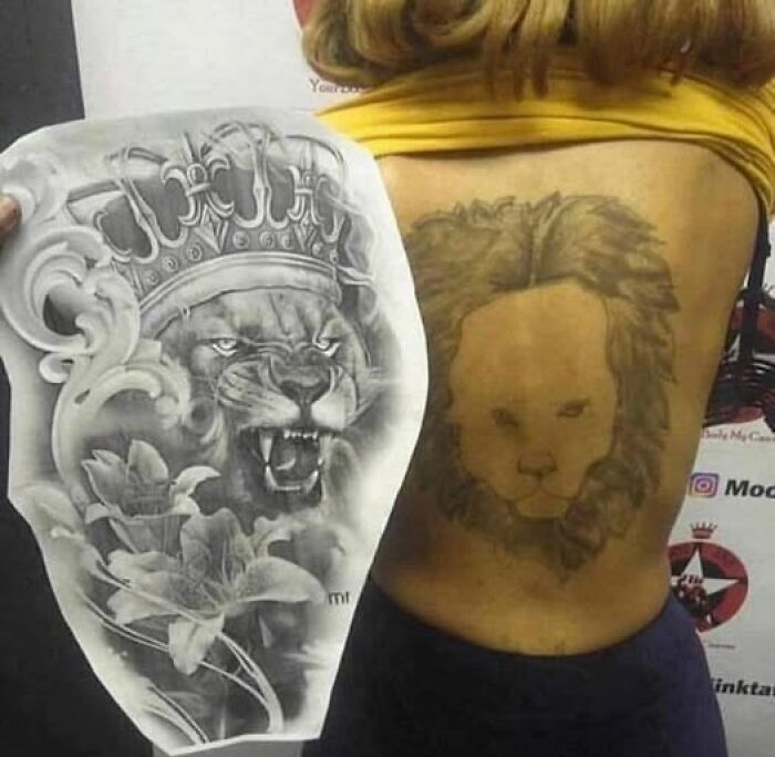 Person showing a poorly executed lion tattoo on their back next to the original detailed tattoo design for comparison.