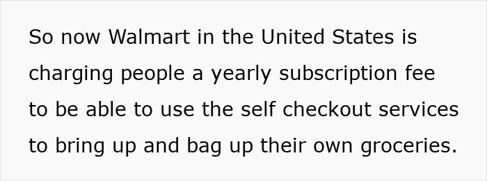 Text excerpt about American grocery shops charging a yearly fee for self-checkout services to bag groceries. Text excerpt about American grocery shops charging a yearly fee for self-checkout services to bag groceries.