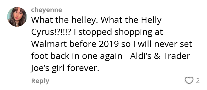 User comment expressing frustration with American grocery shops, mentioning Walmart, Aldi, and Trader Joe’s shopping preferences. User comment expressing frustration with American grocery shops, mentioning Walmart, Aldi, and Trader Joe’s shopping preferences.