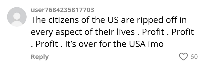 User comment criticizing American grocery shops for profit-driven fees, highlighting frustration over self-checkout and morning shopping charges. User comment criticizing American grocery shops for profit-driven fees, highlighting frustration over self-checkout and morning shopping charges.