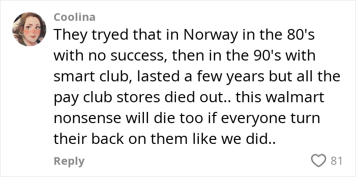 User comment discussing the failure of self-checkout and shopping fees in American grocery shops and similar past attempts. User comment discussing the failure of self-checkout and shopping fees in American grocery shops and similar past attempts.