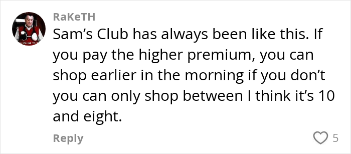 Comment about Sam’s Club premium fees affecting morning shopping hours in American grocery shops under fire. Comment about Sam’s Club premium fees affecting morning shopping hours in American grocery shops under fire.