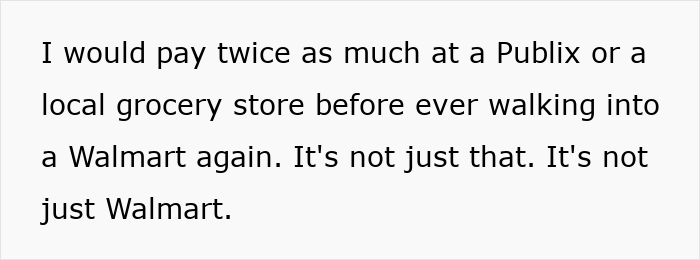 Text excerpt from an online comment criticizing Walmart and American grocery shops for fees and policies related to self-checkout and morning shopping. Text excerpt from an online comment criticizing Walmart and American grocery shops for fees and policies related to self-checkout and morning shopping.