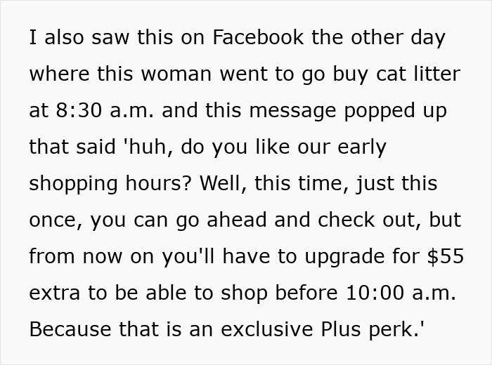 Alt text: Complaint about American grocery shops charging fees for early morning shopping and self-checkout usage policies Alt text: Complaint about American grocery shops charging fees for early morning shopping and self-checkout usage policies