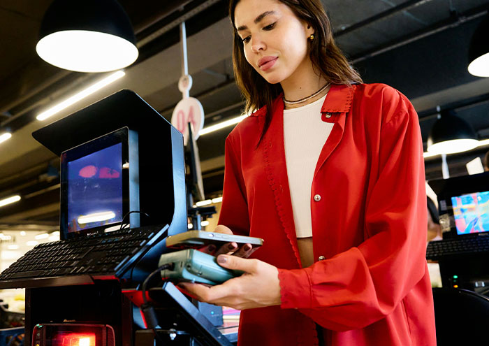 Woman using self-checkout station at an American grocery shop amid rising fees and customer concerns. Woman using self-checkout station at an American grocery shop amid rising fees and customer concerns.