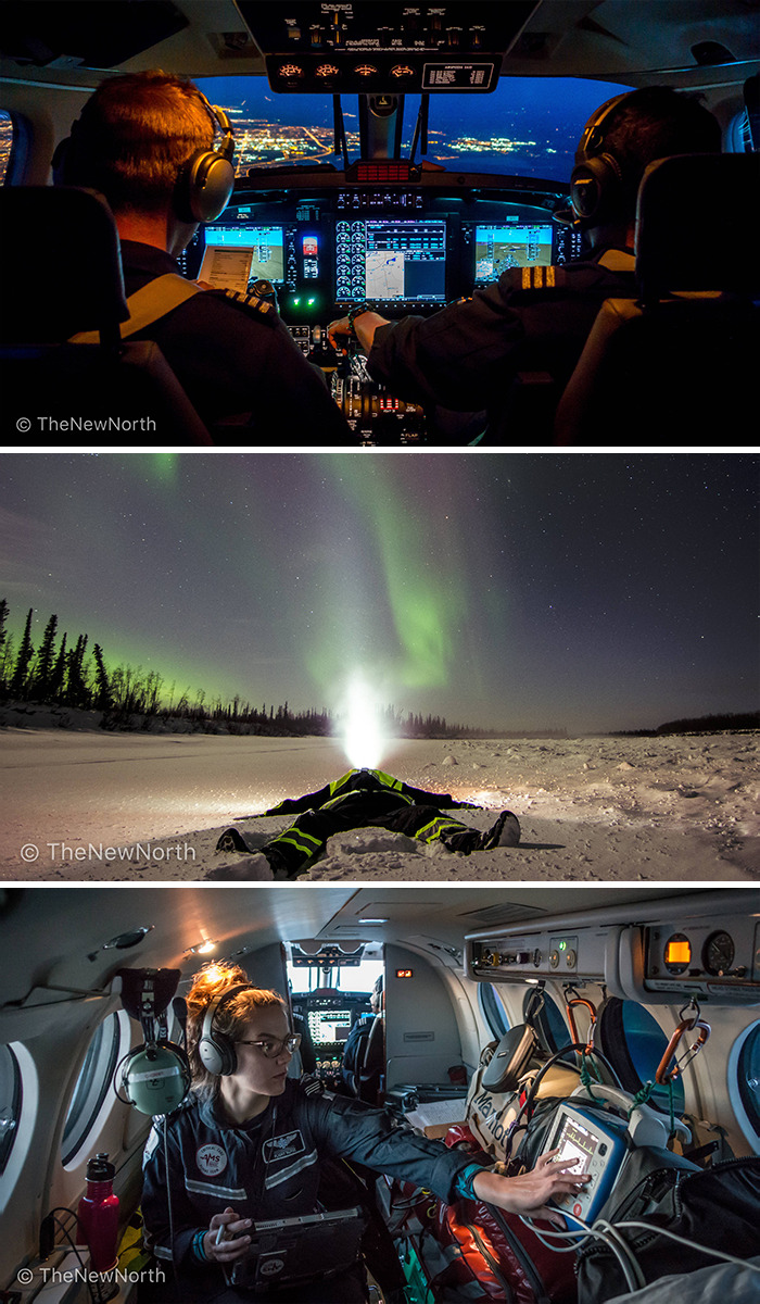 Pilots navigating an aircraft cockpit, person observing northern lights, and medical professional using equipment inside a plane.
