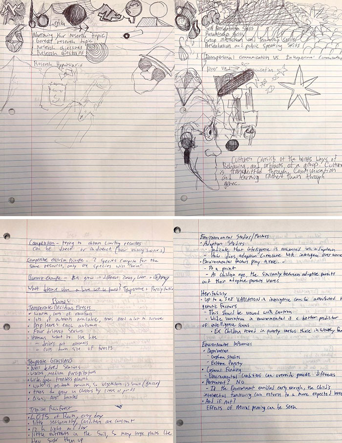 Handwritten before and after notes and sketches on lined paper showing change and progress over time.