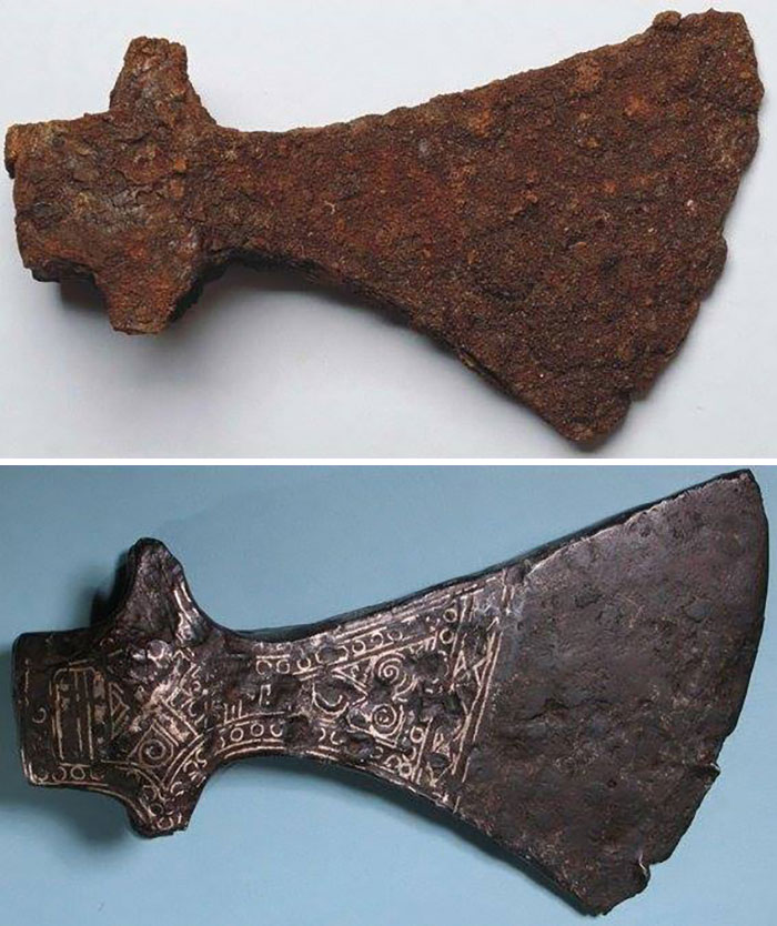 Rusty ancient axe before and after restoration showing detailed metalwork transformation in before and after photos.