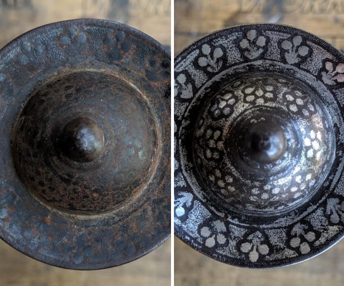 Side-by-side before and after photos showing restoration and cleaning of an old decorative metal object.
