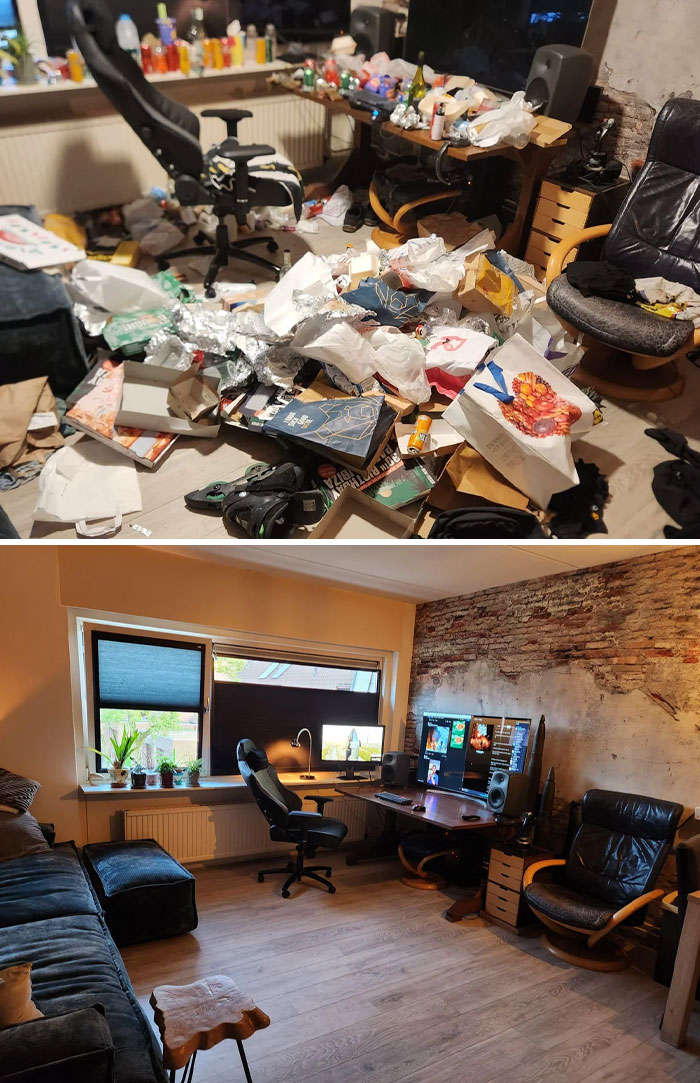 Before and after photos of a cluttered room transformed into a clean, organized home office with plants and computer setup.