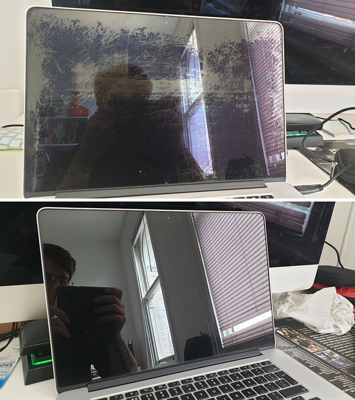 Before and after photos showing a laptop screen transformation from scratched to clean and clear condition.